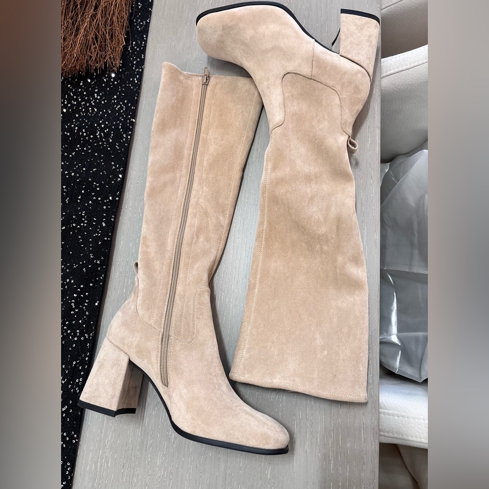 Jeffrey Campbell HOTLAVA knee high square toe ice taupe suede block heel boot
